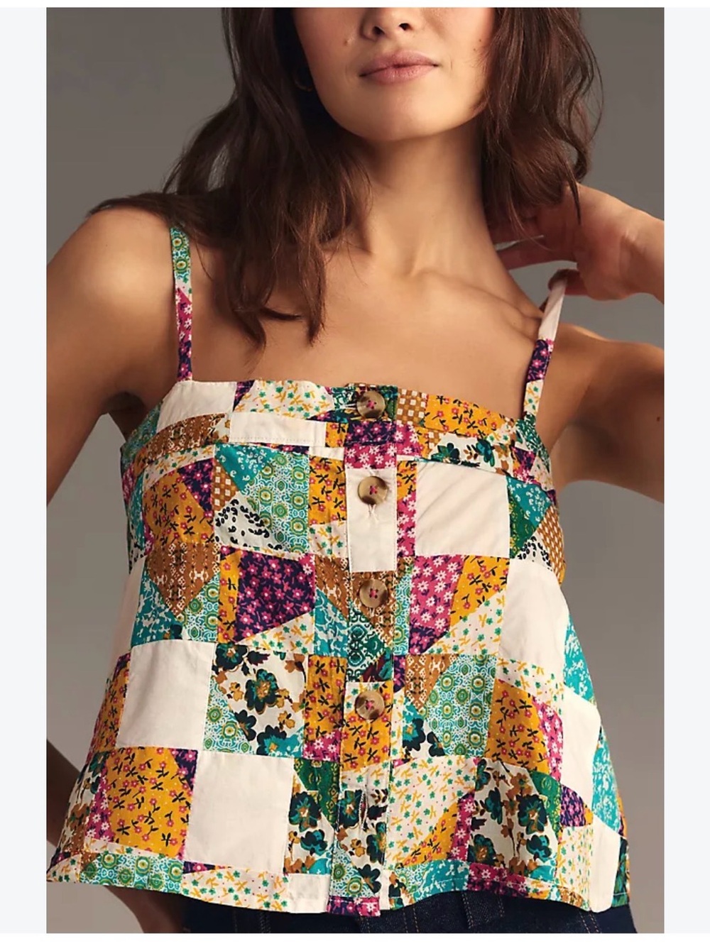Pilcro Patchwork Button-Front Cropped Cami - Teal, Pink, Mustard, White
